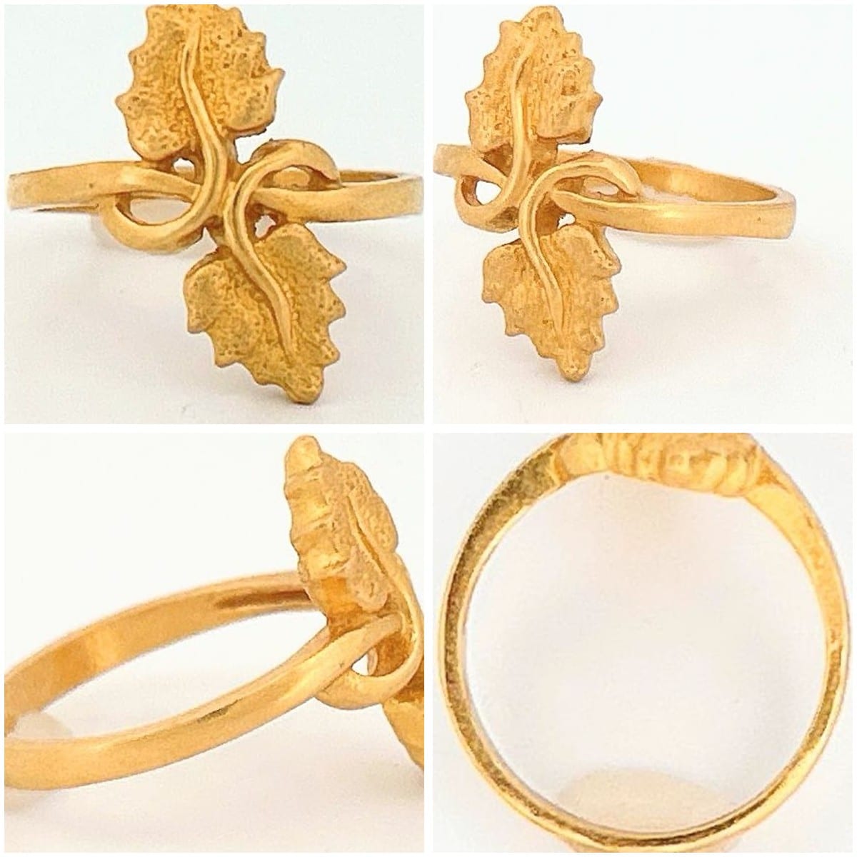 Collage of the 22K Yellow Gold Double Leaf Ring from various angles