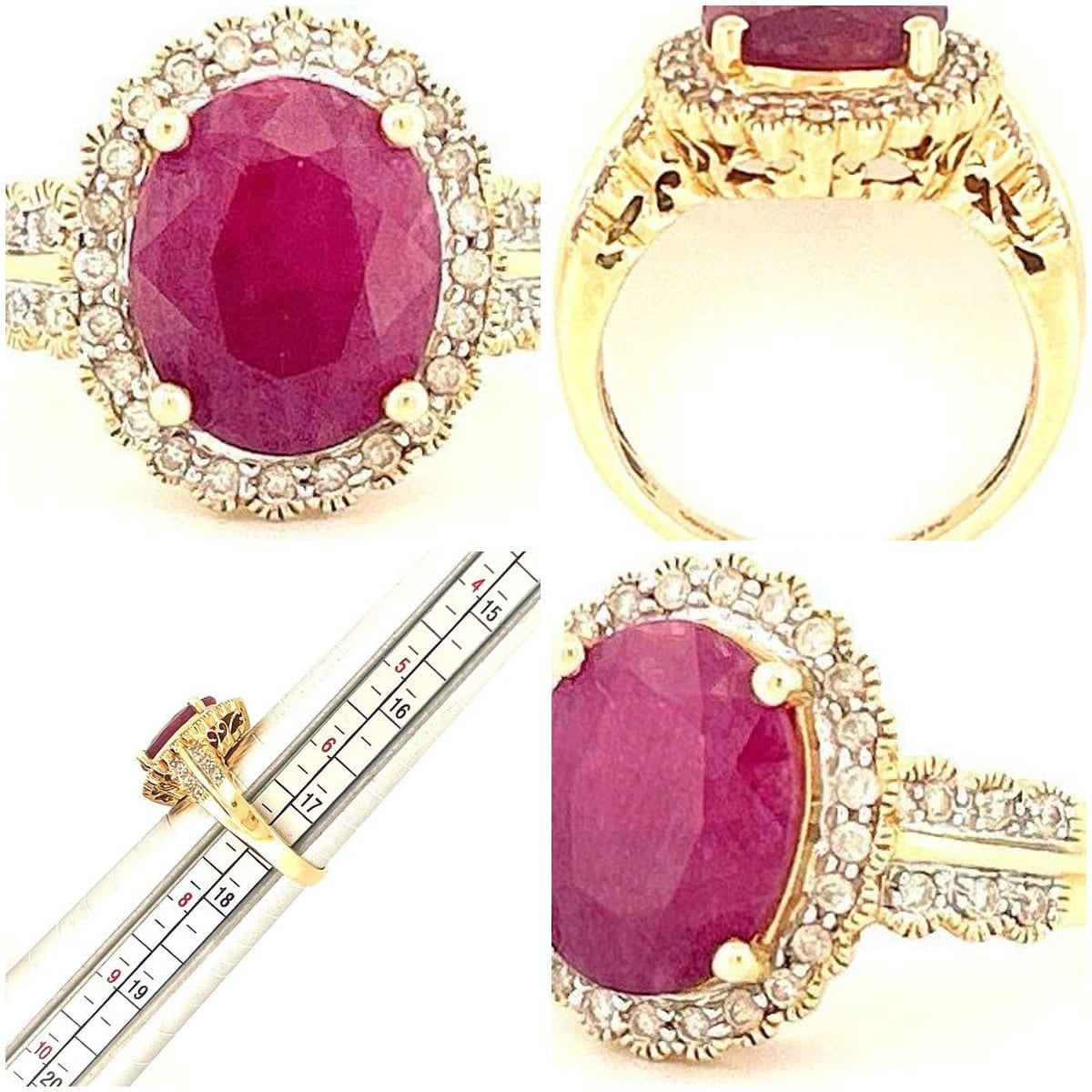 Collage of various views of the ruby and diamond ring