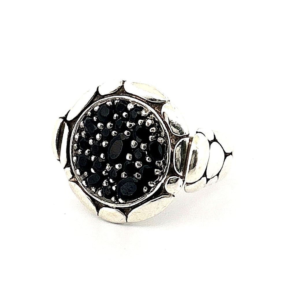 Close-up of black sapphires on the John Hardy ring