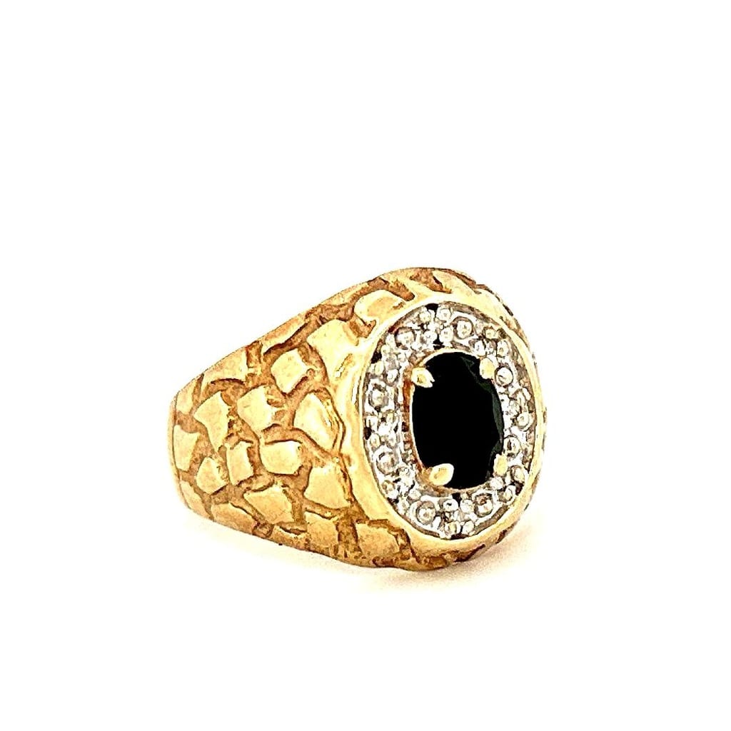 Full view of the 10K gold ring with onyx and diamonds
