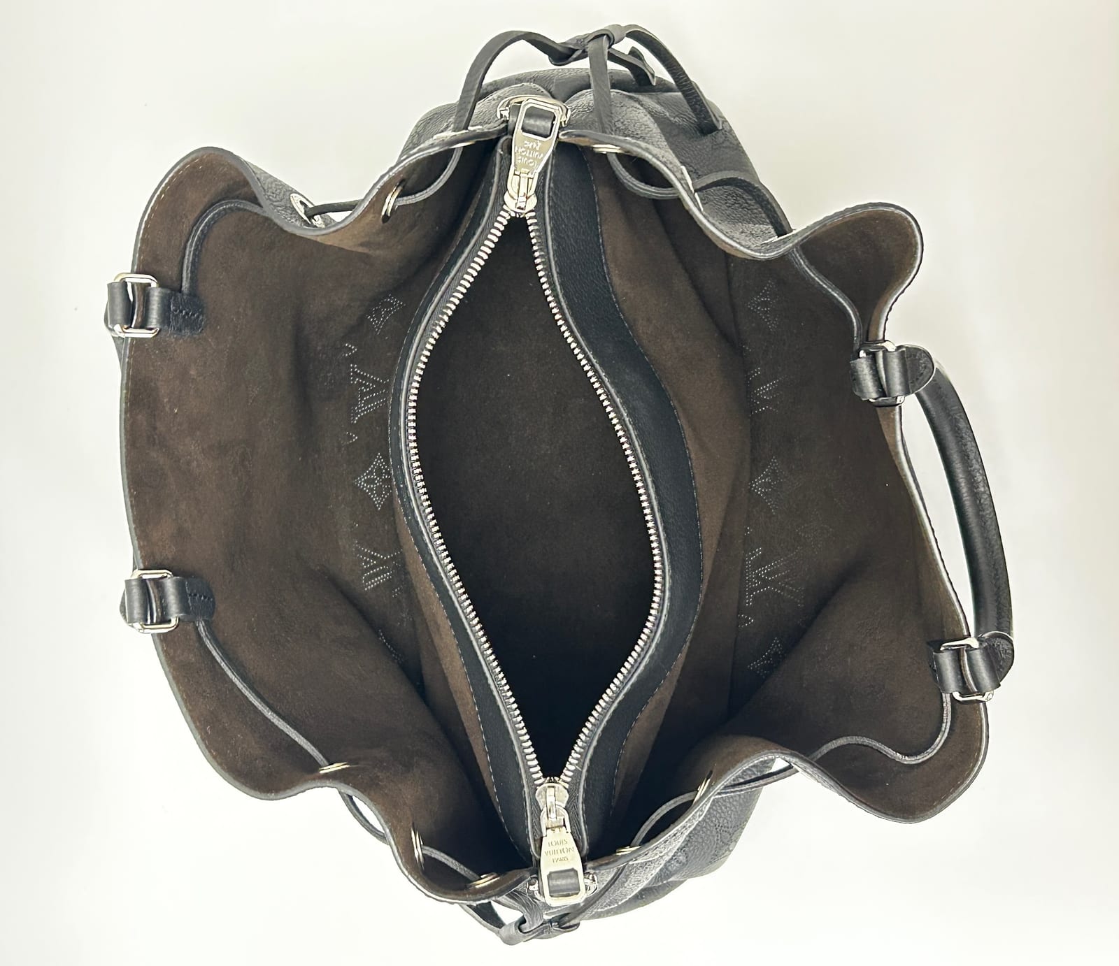 Louis Vuitton Mahina Bella Tote showing spacious interior and brown lining.