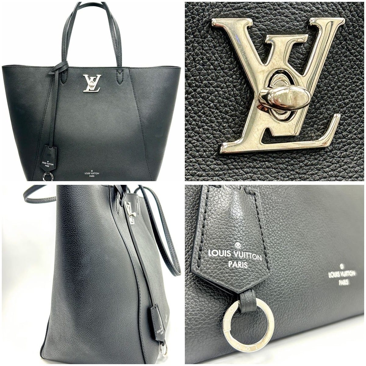 Collage of the Louis Vuitton LockMe Cabas MM Black Tote features