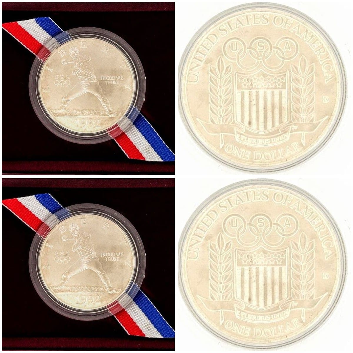 1992 U.S. Olympic Silver Dollar with certificate and box displayed