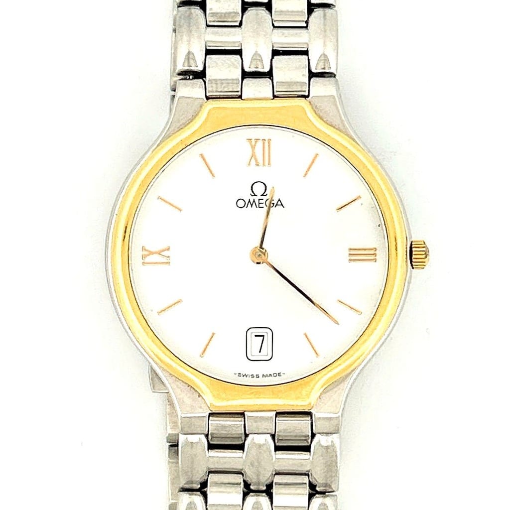 Close-up of Omega De Ville dial with Roman numerals